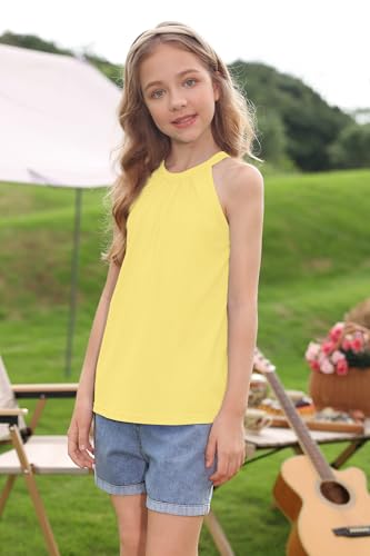Image of BesserBay Girls Summer Back Button Halter Neck Tank Top Cold Shoulder Casual Blouse Pleated Sleeveless Shirts 5-14 Years