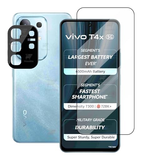 Image of WonRia [1+1 Tempered Glass Compatible with Vivo T4x 5G with 3D Camera Lens Protector Glass 9H Hardness Screen Guard Protector - (Pack of 2)