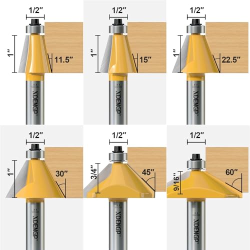 Image of 6Pcs Chamfer Router Bits Set 1 /2 Inch Shank Carbide Edge Forming Bevel Router Bit with Bearing, Chamfer Bit Miter Angle Milling Cutters Tool, 11.25, 15, 22.5, 30, 45, 60 Degree