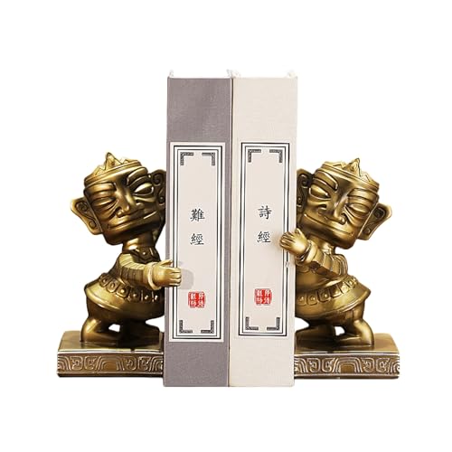 2 fermalibri vintage Sanxingdui in bronzo, figura di soldato in resina, fermalibri decorativi antiscivolo, statue artigianali uniche per casa e ufficio, ornamenti da scrivania color ottone