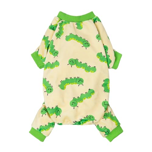 Image of Fitwarm Caterpillar Dog Fleece Pajamas, Cozy Clothes for Small Dogs Boy Girl, Funny Pet Onesie, Beige, Green, XS