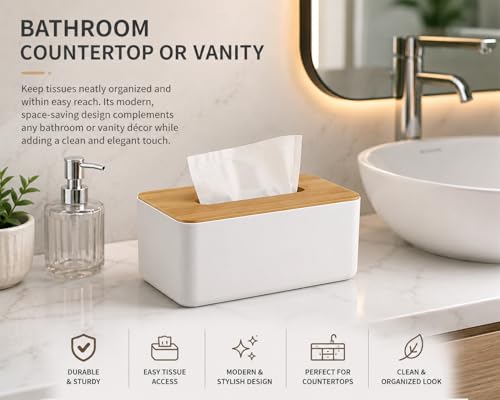 Image of Tissue Box, White with Wooden Color Cover