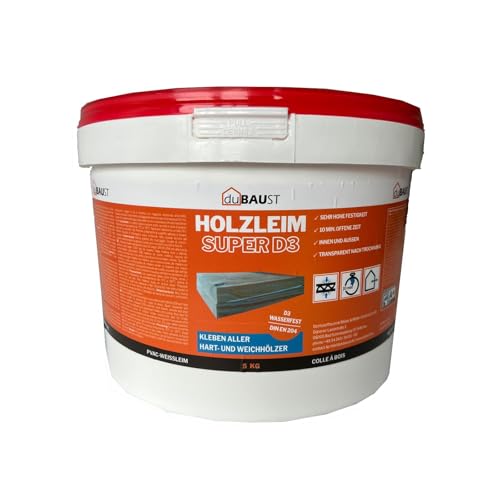 dubaust WOD24 - Pegamento para madera D3 de secado rápido, resistente al agua, para madera dura y madera blanda, color blanco - después del endurecimiento transparente (cubo de 8,5 kg)