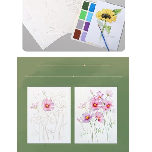 RGBMIX Papel de colorir aquarela de 20 x 28 cm, 4 folhas, livro de pintura de flores, artes e artesa