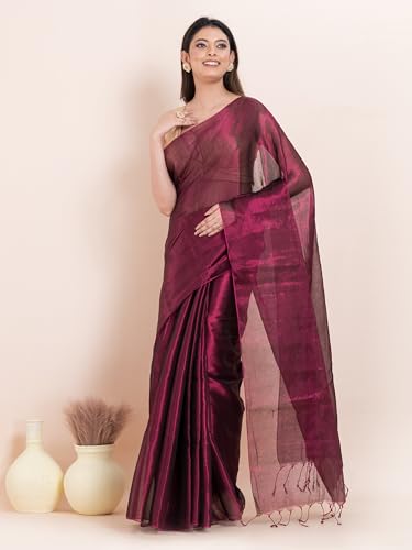 Image of Women's Tissue Cotton Saree | Plain Lightweight Tassel Pallu Saree with Blouse