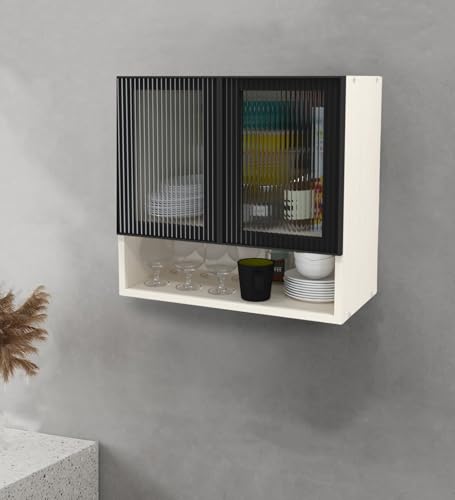 Image of SPECIALITY PANELS Aluminium Black Profile 2 Fluted Tinted Glass Handless Shutter Wall Cabinet with Space Organizer Wall Mounted Kitchen Storage Cupboard Modern Kitchen Furniture Unit (Slate Grey)