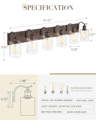 Image of Bathroom Vanity Light Fixtures 6-Light Clear Glass Modern Wall Mounted Over Mirror Oil Rubbed Bronze - VL01ORB-6