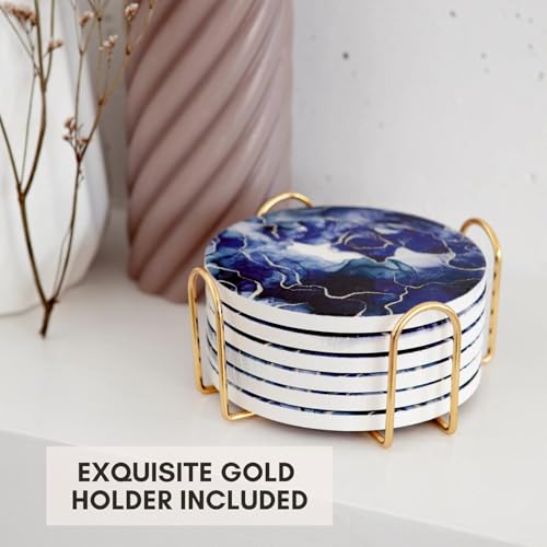 Image of Marble Coasters with Holder Set of 6, Coffee Table Decor, Drinks,Coffee Table, Coaster Set, Drink Coasters, Stone Coasters for Drinks Absorbent Blue
