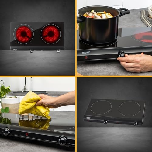 TZS First Austria Infrarot Keramik-Herdplatte doppelt | ALLE Topfarten | Doppelkochplatte 15 cm | Kochfeld für Umzug, Camping, Ferienwohnung - schnelles Aufheizen & stufenlose Einstellung