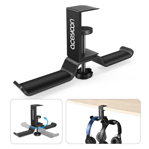 aceyoon Headphone Stand, Soporte Auriculares Ajustable Soporte Cascos Rotación de 360 ° Soporte Auriculares debajo mesa Fácil de Instalar Soporte para Cascos, Auriculares Gaming, y más (Negro)