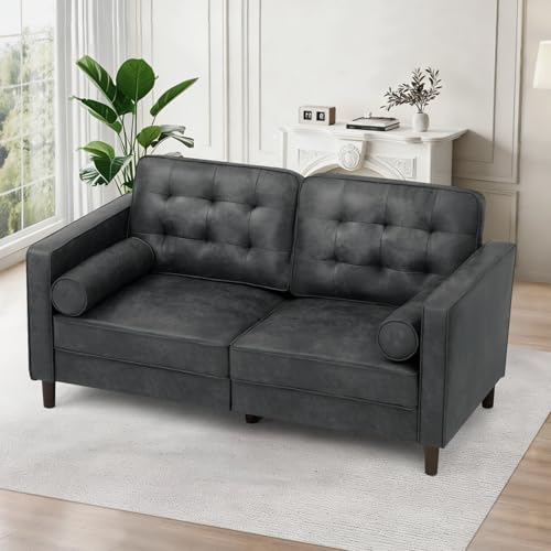 Image of 67 inch Suede Leather 2 Seater Sofa with Two Bolster Pillows, Grey | Tufted Sofa with Wooden Legs, Mordern Couch for Living Room, Office, Apartment