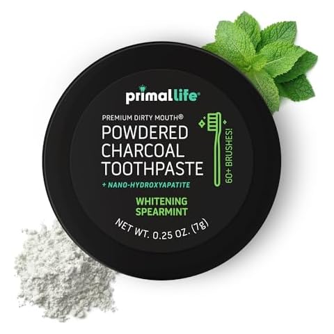 Primal Life Organics - Dirty Mouth Toothpowder, Activated Charcoal Tooth Cleaning Powder, Essential Oils with Kaolin & Bentonite Clay, 200+ Brushings, Organic, Vegan (Black Spearmint, 0.25 oz) Cover
