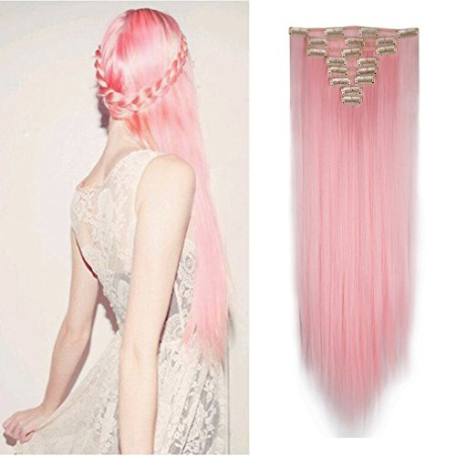 8 Piece High Synthetic Fiber Clip in on Extension Hairpiece with 18 Clips 26 inches Straight Light Pink