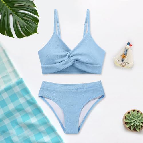 Weixinbuy Girls' Swimsuit Kid Two-Piece V-Neck Bikini Set Spaghetti Strap Twist Cross Bathing Suit Swimwear Size 9-162