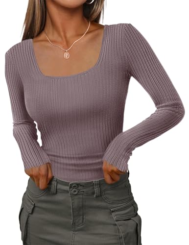 HOTOUCH Sweaters for Women Pullover Square Neck Long Sleeve Slim Fitted Ribbed Knit Basic Fashion Tops 2025 S-XXL