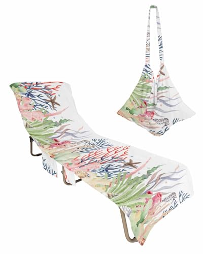 Coastal Beach Lounge Chair Towel Cover, Soft Chaise Lounge Towel with Side Pockets Patio Pool Chairs Cover for Beach/Pool Sunbathing 29x85 Colorful Coral Nautical Starfish Summer Beach
