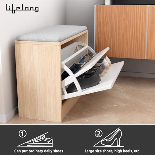 Image of Lifelong Wooden Shoe Rack with Cushioned Seat for Home Entryway | 2-Tier Flip Drawer Shoe Cabinet | Multipurpose Shoe Organizer Bench with Top Shelf | Sturdy Compact Storage Rack for Bedroom & Balcon