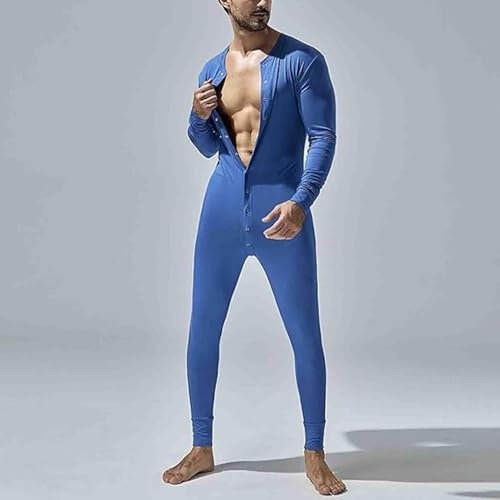 Men's Long Sleeve Pajamas Striped Ultra Soft Thermal Union Suit One Piece Slim Fit Button Down Jumpsuit Sleepwear4