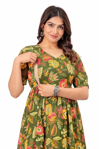 Image of The Moon Star Women's Cotton Floral Printed Anarkali Maternity Feeding Kurti | Breastfeeding Dress for Mothers | Zipper Feeding Kurti,Nursing Kurti, Comfortable and Trendy Maternity Wear