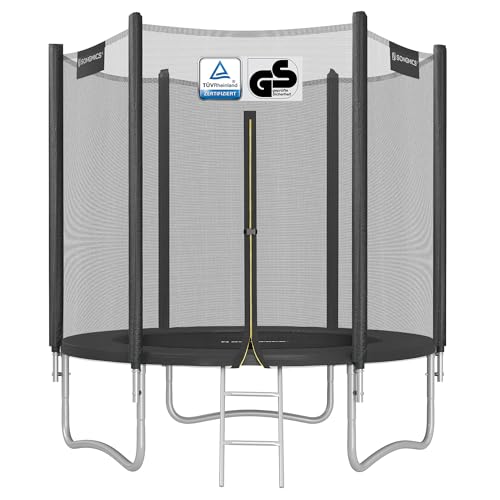 SONGMICS Cama elástica, 183 cm, tapete para crianças com rede, almofada de segurança, escada, mastro reto de 180 cm de altura, estrutura de aço, preto STR061BZ01