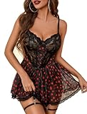 Avidlove Lingerie for Women Sexy Lace Babydoll Mesh Chemise Boudoir Nighty with Garter Belt Black Love Heart Print Small