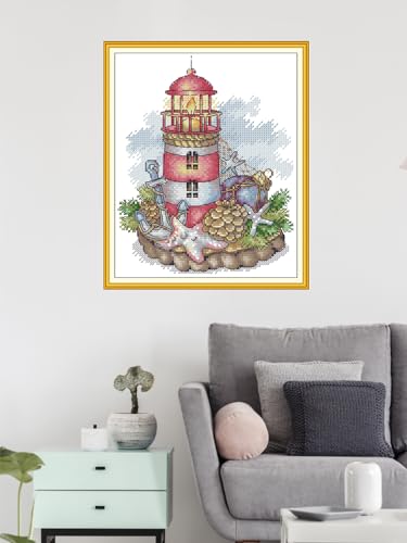 Image of CROSSDECOR Cross Stitch Kits for Adults,Stamped Cross Stitch Kits,DIY Needlepoint Kits for Beginners Counted Embroidery Craft Supplies for Home Decor,Lighthouses 7.8x10.2in