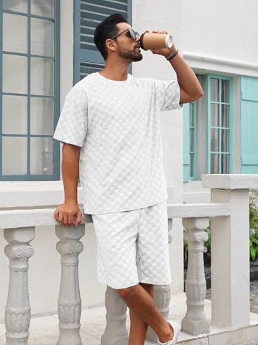 Men's 2 Piece Set Summer Outfits Casual Geometric Texture Short Sleeve Shirt and Shorts Track Suits for Men Set4