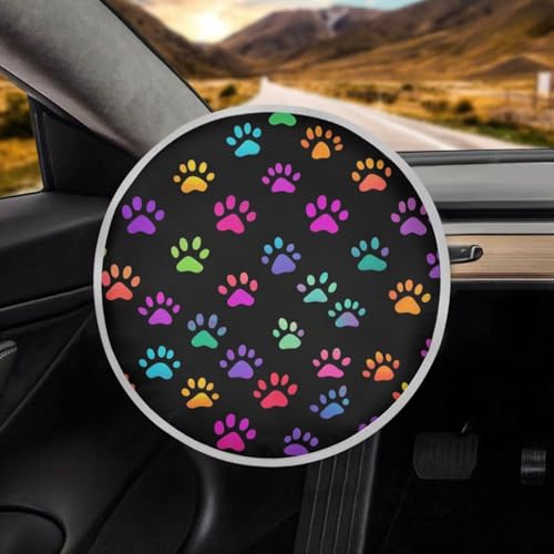 Image of Colorful Dog Paws Steering Wheel Sun Shade Cover Easy Installation Steering Wheel Cover Block UV Rays Cool Car Accessories Anti Slip Universal for Cars Truck SUV Van
