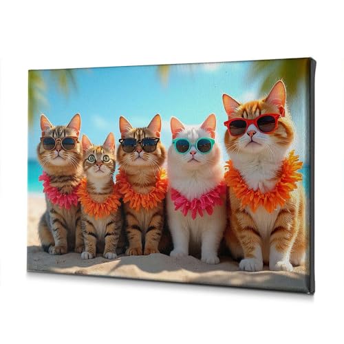 Tableau chat lunettes plage toile idée cadeau ami des bêtes