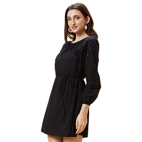 Image of Globus Women Black Schiffli Self Design Round Neck Waist Tie-Up A-Line Dress-3638199001