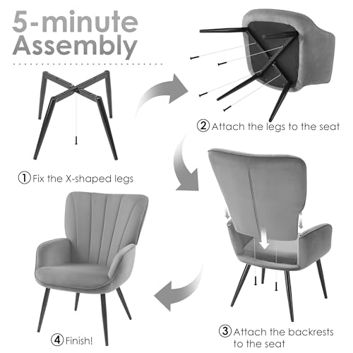 Primezone Velvet Accent Chair Set Of 2 - Mid Century Modern Living Room Chair Upholstered Reading Chair With Metal Legs & Wing Side thumb #7
