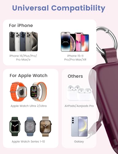 Image of RORRY CharmGo Portable Charger, 5000mAh Portable Charger Power Bank with Built-in Cables, Travel Keychain Battery Pack for Apple Watch and iPhone Air /17 /16 /15 /14 /13 /12, Burgundy