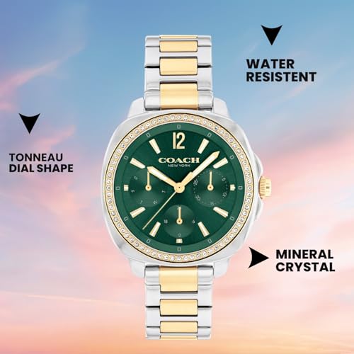 Image of Coach Kitt Qtz Multifunction Green Tonneau Dial Women's Watch|Two Tone Stainless Steel Material|Silver Color Band - 14504394