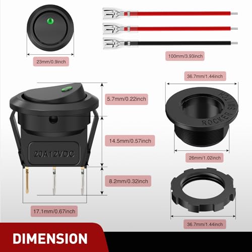 Image of Nilight 1PC Round Rocker Switch with 12V 24V 20A Green with 16AWG Wires