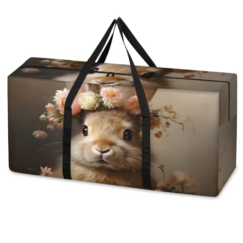 Fantastic Rabbit Extra Large Moving Bags Heavy Duty Storage Bags Flowers Rabbit Cloth Wrap Around Handles Double Zipper Reusable Convenient Foldable Storage Tote for Travel Camping Space Save