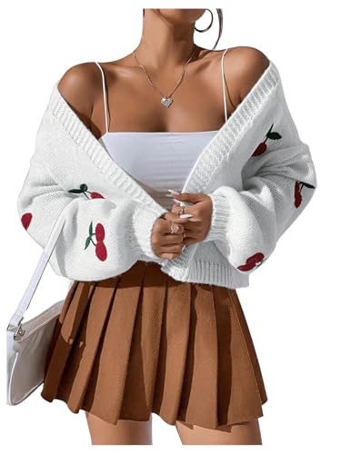 Image of GORGLITTER Women's Cherry Cropped Cardigan Sweaters Open Front Long Sleeve Cute Chunky Knit Short Cardigan Trendy