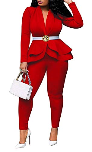 Aro Lora Women's 2 Piece Outfit Casual Solid Ruffles Blazer and Bodycon Pant Suits Set (X-Large, Red)