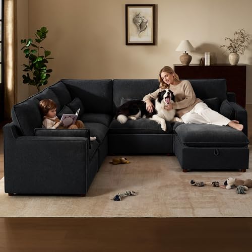 Image of WorthFurni Modern Modular Sectional Sofa,105 inch V Shape Sectional Cloud Couch with Storage Ottoman,Comfty 6 Seat Sofa for Living Room,Black Chenille