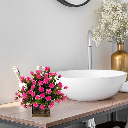 Image of Tdas Artificial Flower Plants Leaves Wooden Potted Eucalyptus Flowers Home Decor Greenery Small Faux with Pot for Indoor Shelf Desk Bathroom Bedroom Office Decoration (Pink)