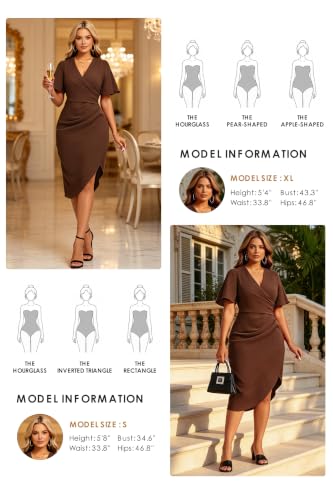 Image of Women's Wrap V Neck Asymmetrical Hem Midi Ruched Cocktail Evening Dress | Back Zipper, Regular Fit, Club Night, Semi Office Formal, Wedding Dinner Date, Flutter Short Sleeve, High Low Irregular Hem