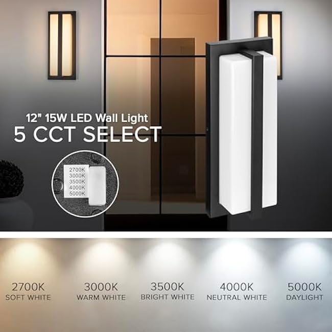 Maxxima LED Porch Lantern Outdoor Wall Light, Black with Vertical Bar & Frosted Lens, 1000 Lumens, 5 CCT 2700K/3000K/3500K/4000K/5000K, Modern Exterior Patio Sconce Lantern, Dimmable at 120V