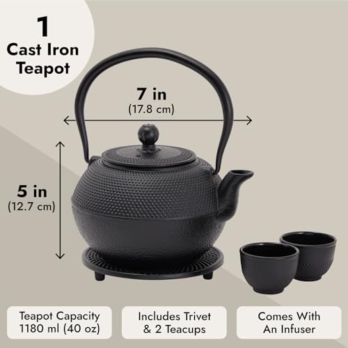 Juvale Cast Iron Teapot - 1200 mL, Black, 2 Cups - Japanese Tea Set with Stainless Steel Infuser & Stovetop Kettle for Loose Leaf Tea