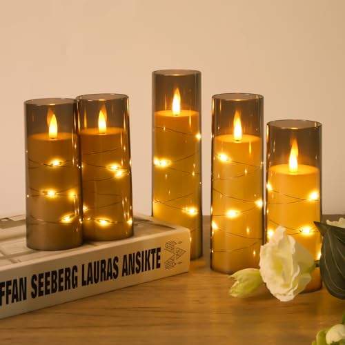 Image of Flameless LED Candles with Timer Acrylic Shell Flickering Flameless Candles for Romantic Ambiance and Home Decoration with Embedded Star String Battery Operated Candles 5 Pack（Grey）