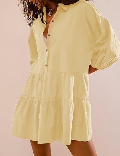 Image of HangNiFang Women's Summer Babydoll Mini Dress Flowy Puff Sleeve Tiered Button Down Oversized Tunic Dress with Pockets