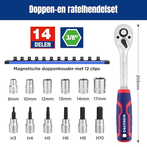 WORKPRO 3/8 inch dopsleutel- en ratelset, 14-delig, inclusief 12 korte en bitsteeksleutels, 72-tands ratel met magnetische steekrailhouder, voor thuisreparaties - Afbeelding 3