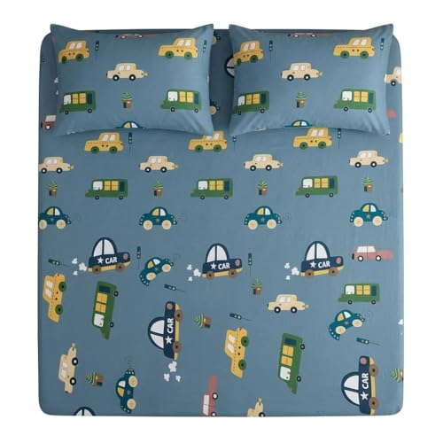 Image of Kids Cotton Bedsheet Set, Blue, Car Print, Soft 7D Printed, for Boys
