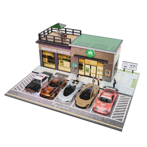 Cotymko 1/64 Diorama Garage, Model car Garage and Display case, Coffee House Diorama Display Parking lot with LED Lights and 5 Outdoor Parking Spaces for Toy car Collectors