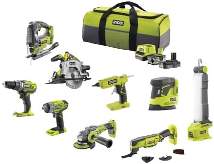 RYOBI - Pack 9 Outils 18V ONE+ : Perceuse, Visseuse à chocs, Meuleuse, Multi-Tools, Pistolet à Colle, Scie Circulaire, Scie Sauteuse, Lampe, Ponceuse ...