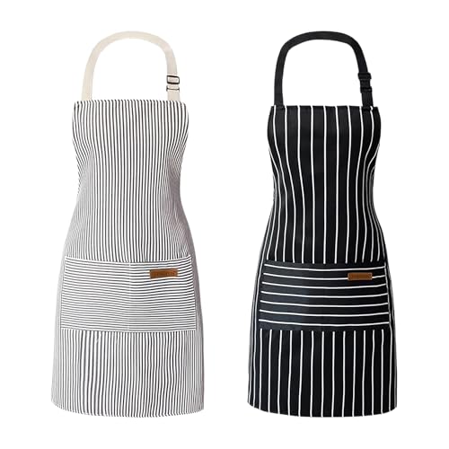 2 Piezas Delantal Ajustable de Cocina con Bolsillos, Delantal de Algodón y Lino para Mujeres y Hombres, Rayas, Para Cocinar, Hornear, Pintar, Restaurante, Jardinería
