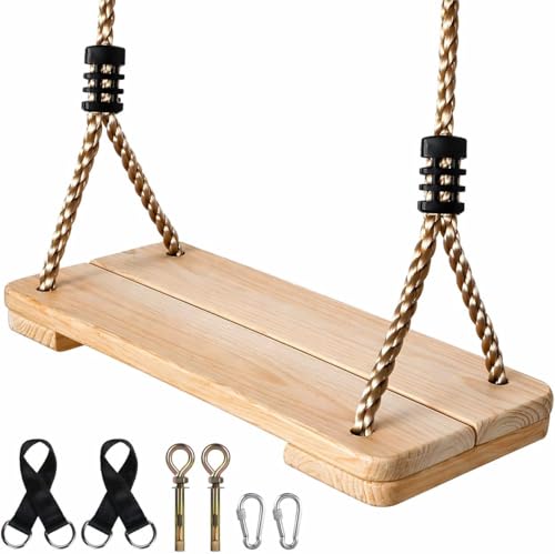 EXTFANS Holz Schaukel Outdoor/Indoor | Stabile Familienecke bis 160kg mit verstellbaren Seilen | Sicherer Schaukelsitz für Kinder & Erwachsene (40x16x3cm) | Für Garten Terrasse Balkon